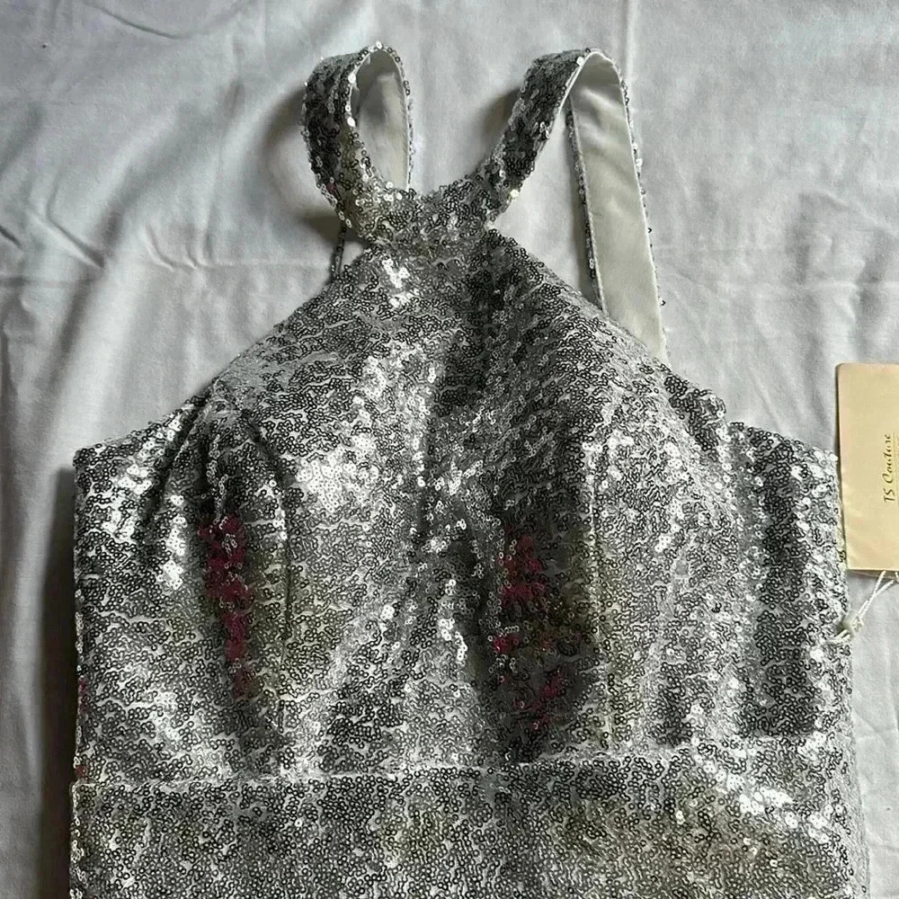 TS Couture Sequin Silver cocktail/ party dress halter top NWT - Picture 2 of 8